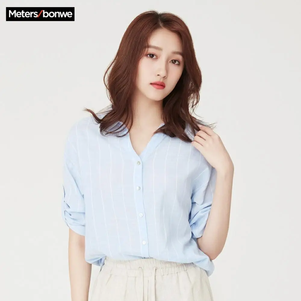 Metersbonwe женские Полосатые блузки модный OL свободный с короткими рукавами милая