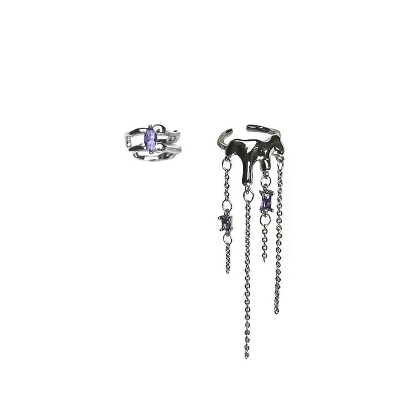 

Minar Unique Design Asymmetric Purple Color Rhinestone Earrings for Women Silver Color Irregular Geometric Tassel Clip Earrings