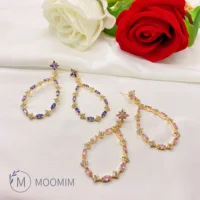 Pink Purple Flower Crystal Cubic Zirconia Dangle Earrings Romantic Attractive Exquisite Korean Design Evening Party Jewelry