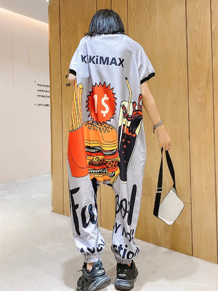 Tide brand summer large size personality cartoon printed rhinestone jumpsuit loose was thin short sleeve jumpsuit Harlan pants