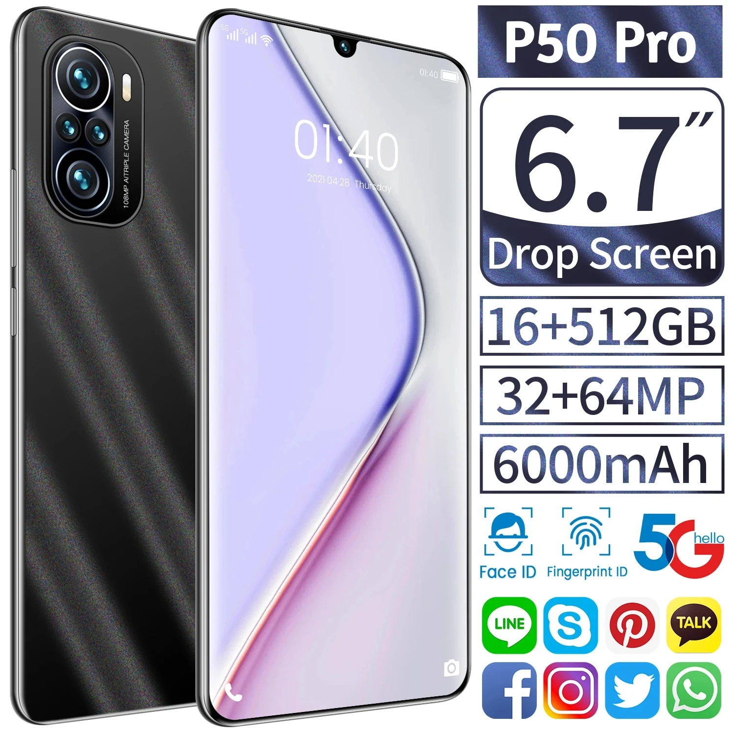 

Hauwei P50 Pro Smartphone 6.7inch 16GB+512GB 6000mAh Global Version 4G/5G Mobile phones Android Unlocked Celulares Cell phone