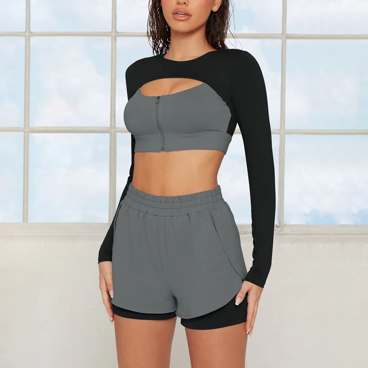 Black Grey Two Piece Set Women Sport Tracksuits Long Sleeves Gym Clothes Workout Yoga Fitness Crop Top Sports Suits 2 Pcs | Спорт и