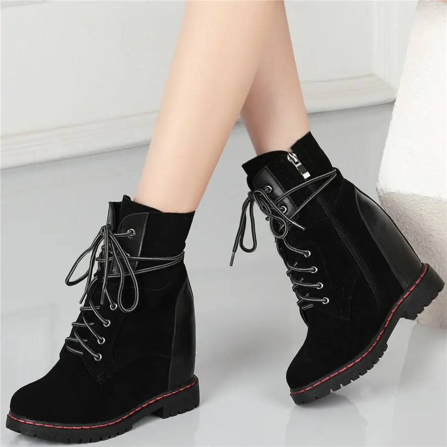 

Oxfords Shoes Women Lace Up Genuine Leather High Heel Platform Pumps Shoes Female High Top Round Toe Ankle Boots Casual Shoes