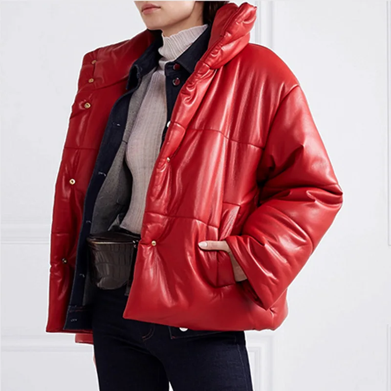 

Kalenmos European Fall Casual Parkas Women Stand-up Collar Short Woman Jacket Pu Leather Solid Color Single-breasted Coat