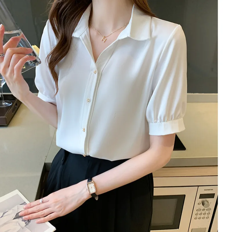 

Satin Shirt Women's Summer Loose Short Sleeve Temperament Vertical Shirt Metal Button Fashion Thin Chiffon Shirt Wn*