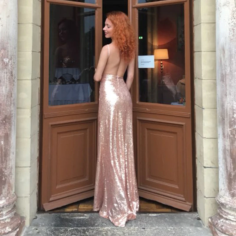 

Rose Gold Sequins Backless Evening Dresses Black Long Prom Gowns Spaghetti Strap V-neck Sexy Formal Party Dress