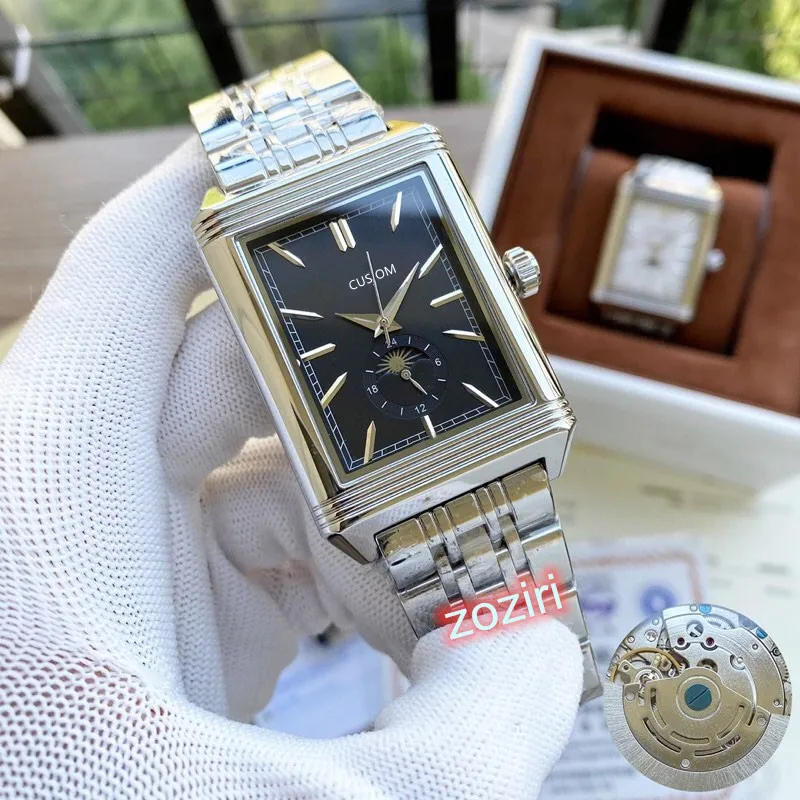 

Men Automatic Mechanical Watch Moon phase Moon And Sun Turning Stainless Steel Rectangle Clock Famous Brand Business Watches40mm