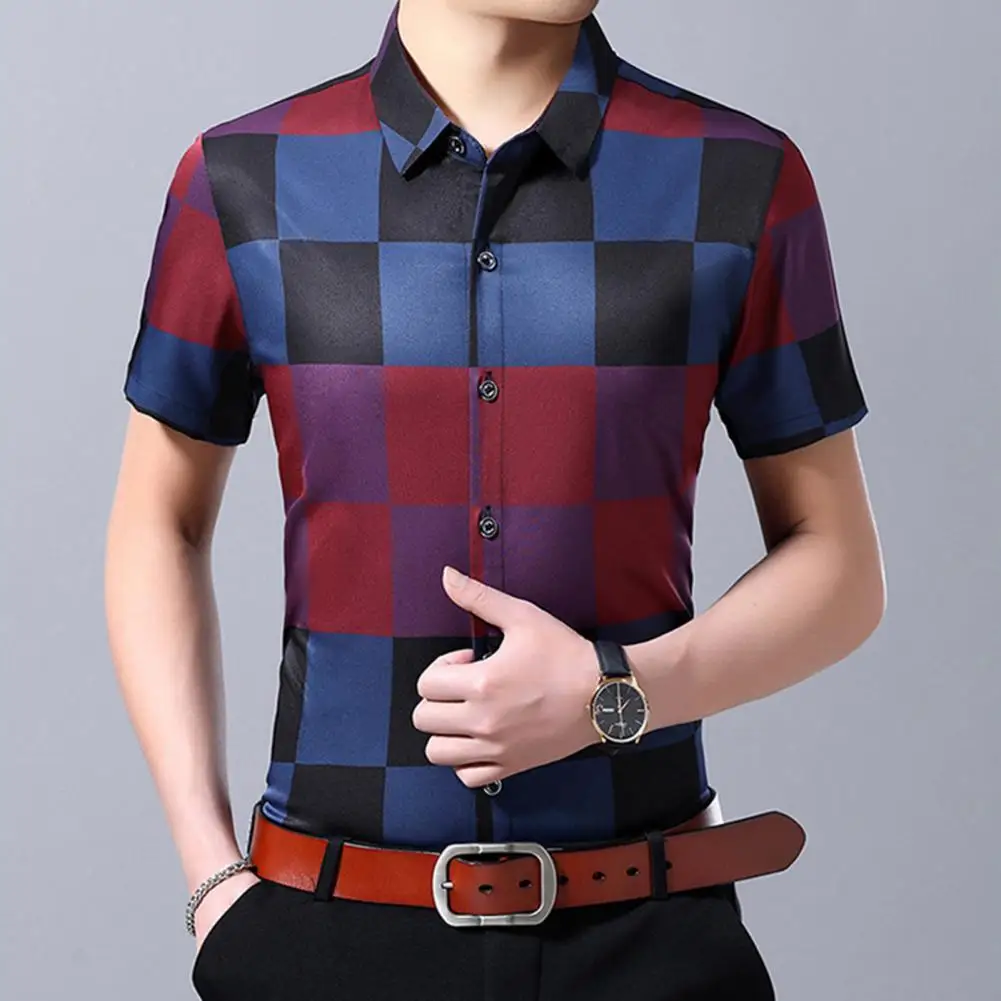 

Summer Men Shirt Slim Fits Lapel Polyester Button Down Tops Short Sleeve Single-breatsed Plaid Pattern Blouse T-shirt
