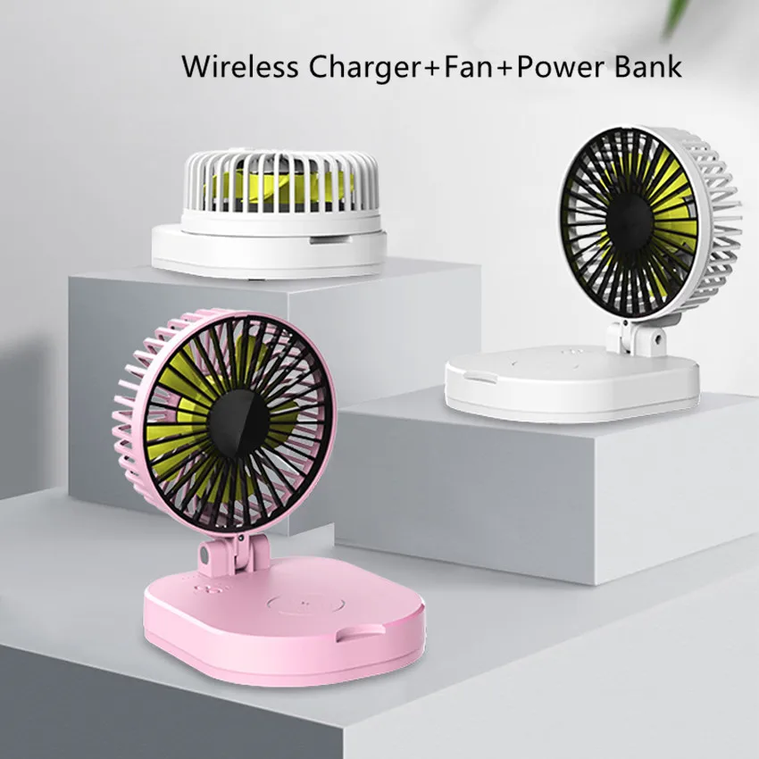Multifunction Power Bank 10000mah For Xiaomi Mi 9 iPhone 8 X Plus With Qi Wireless Charging Fold Portable Mini Fan Desktop