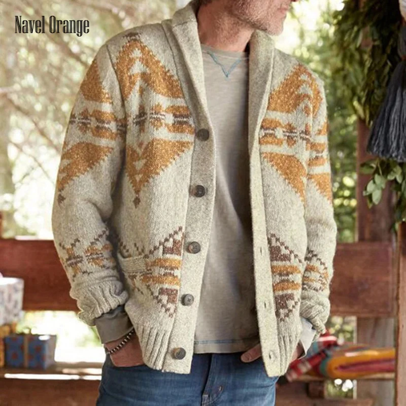 

2021 Men Printing Long Sleeve Daily Style Cardigan Autumn Winter Casual Turn-Down Collar Male Sweater Plus Size 4XL Streetwear