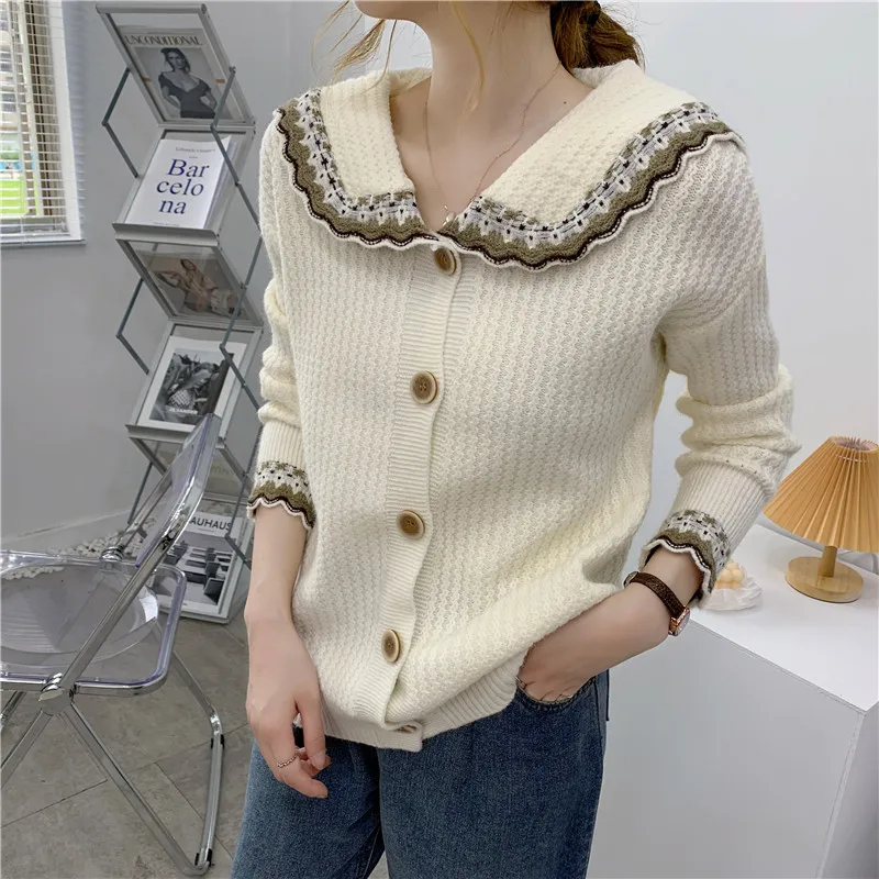

Women's Sweaters Cardigans Autumn Winter New Casual Doll Collar Buttons Stitch Colour Loose Sweater Jacket Female Knit Coat