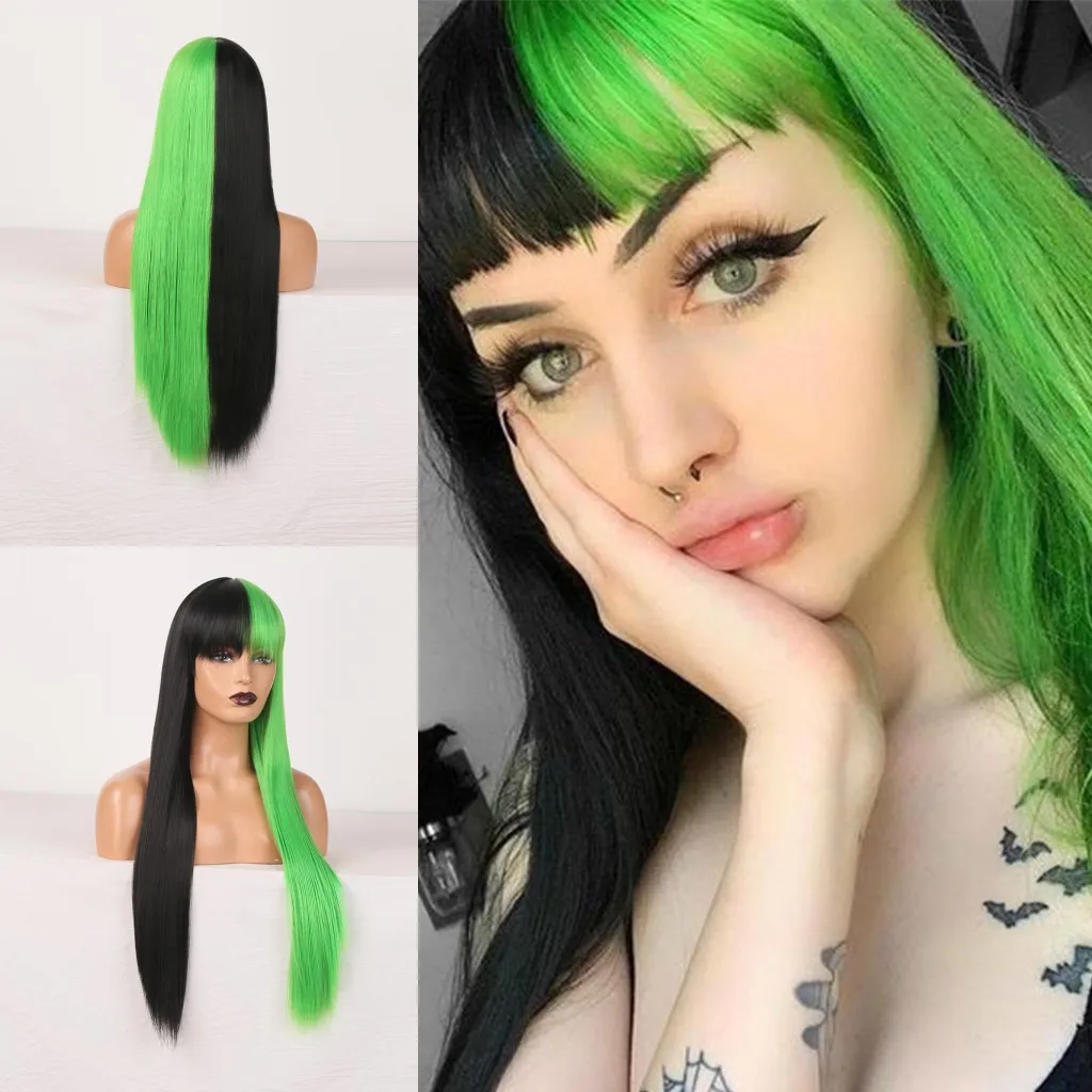 

JOY&BEAUTY Cosplay Wig Half Green Half Black Wig Long Straight Wig With Bangs Cosplay Wig Two Tone Ombre Wigs Synthetic Wigs