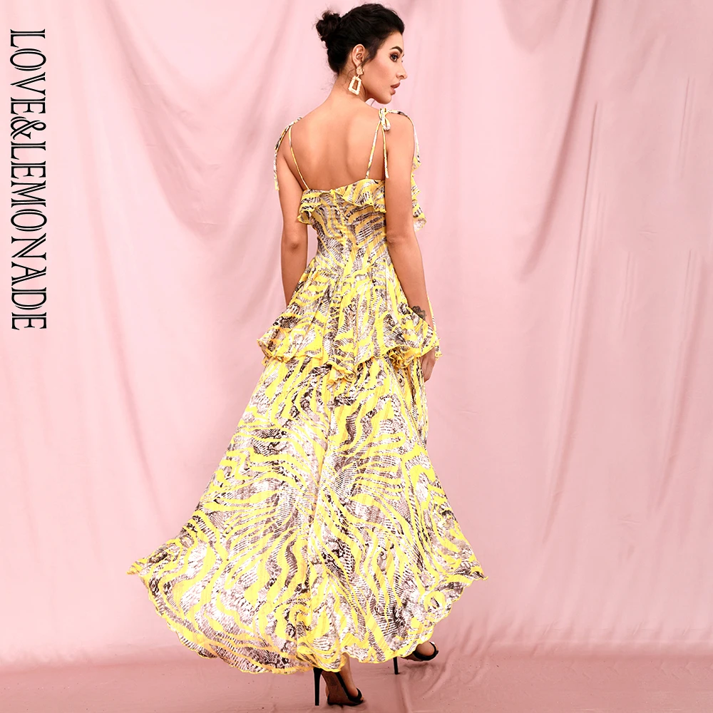 

LOVE & LEMONADE Sexy Sling Square Collar Laminated Ruffled Trailing Chiffon Print Summer Dress LM82340
