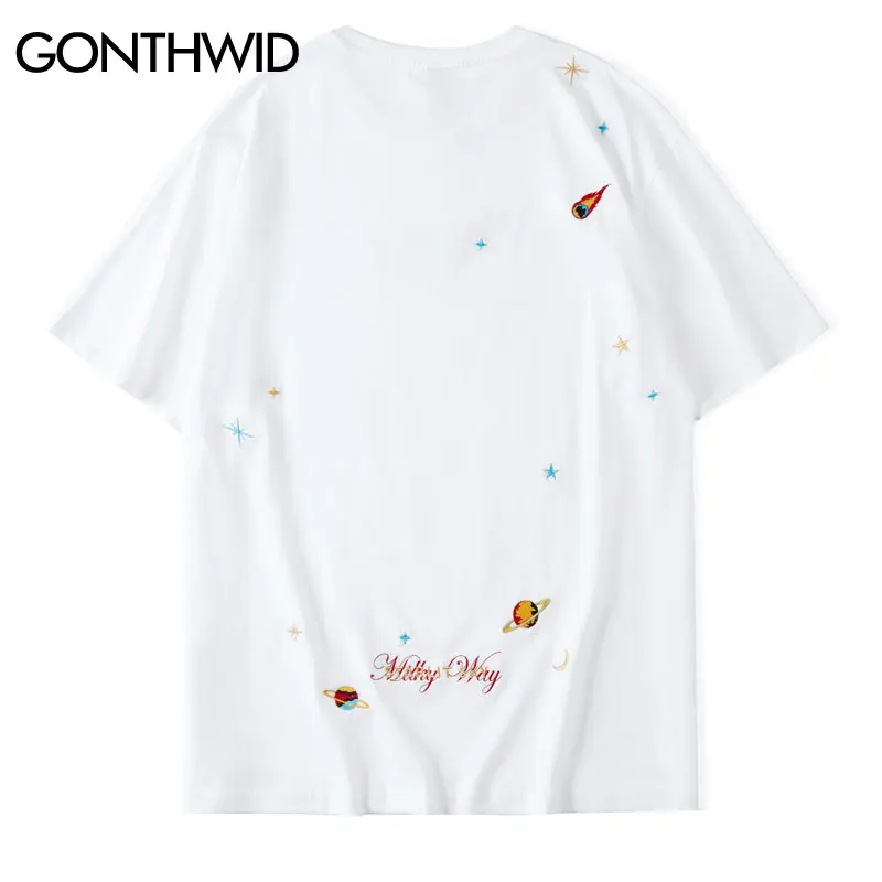 Футболка мужская летняя с вышивкой и планетами в стиле Харадзюку |