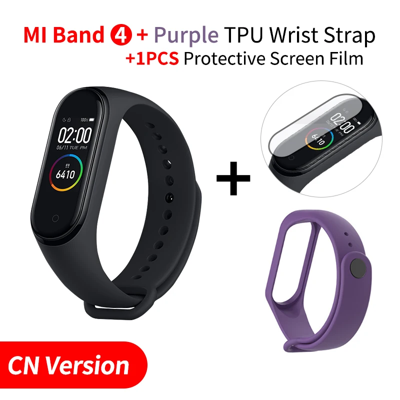 Add Purple Strap Xiaomi mi-браслет 4, умный Браслет mi Band 4, фитнес-браслет, цветной AMOLED экран, Bluetooth 5,0, спортивный, водонепроницаемый - Цвет: Add Purple Strap