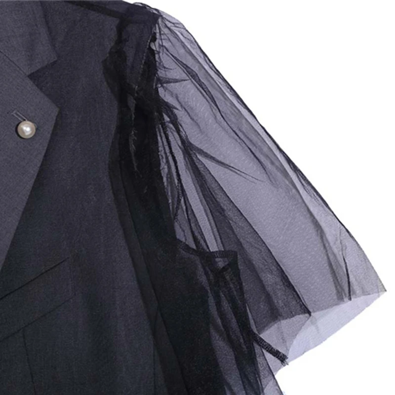 

TWOTWINSTYLE Casual Patchwork Mesh Jacket For Women Lapel Short Sleeve Ruffle Korean Jackets Female Fashion New Clothing 2021