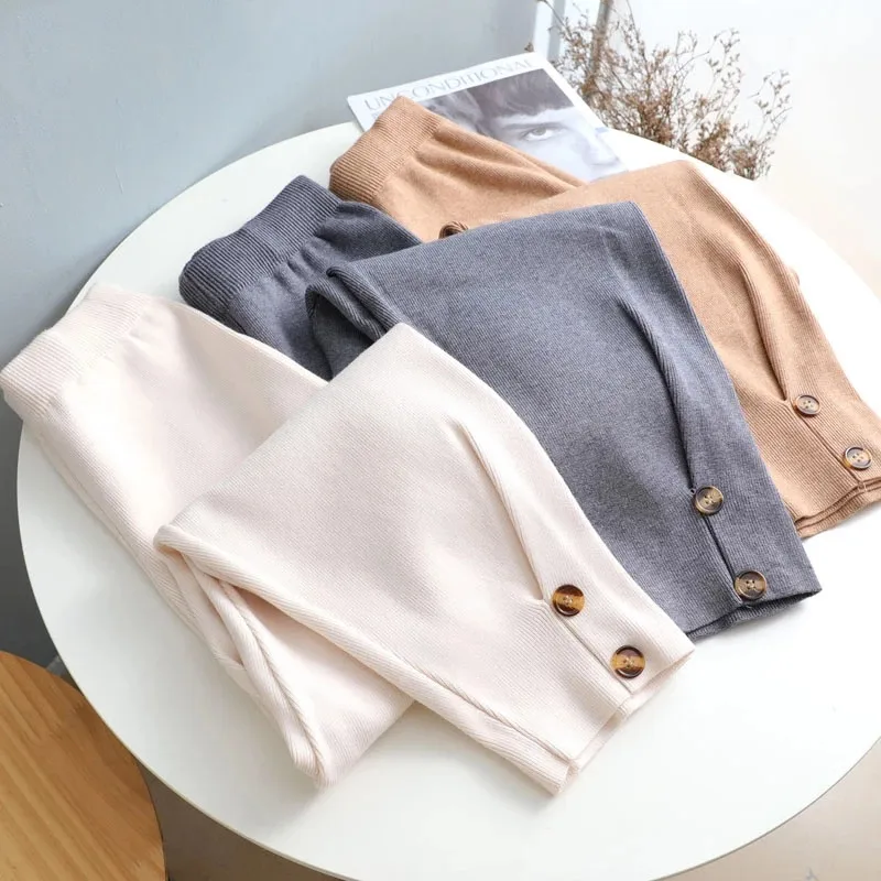 

2020 women's elastic waist trousers thick knitted harem pants autumn and winter sports pants sweater knitted carrot pants