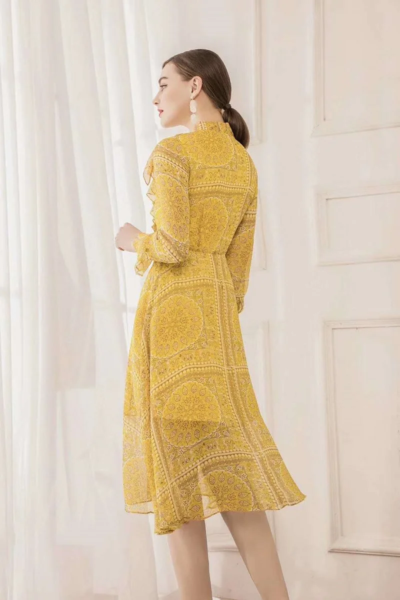 

2020 Spring Summer Fashion Style Dress High Quality Brand Women Ruffle Bow Collar Vintage Print Long Sleeve Pink Yellow Dress