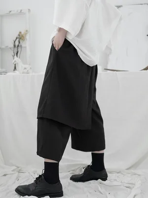 Yamamoto Black Capri Pants women's loose double layer personality design feeling minority Japanese wide legs casual pants