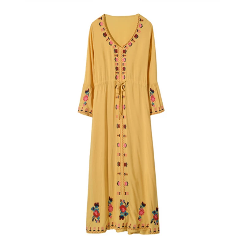 Женское пляжное платье с вышивкой длинное в этническом ретро-стиле расклешенным