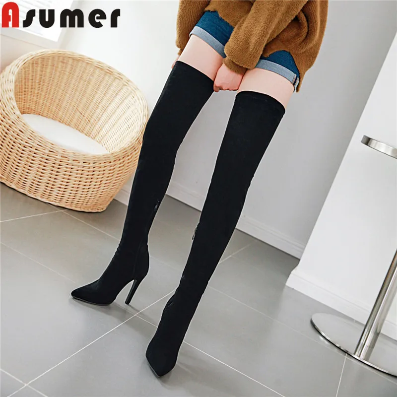 Женские ботфорты с острым носком ASUMER черные облегающие сапоги выше колена на