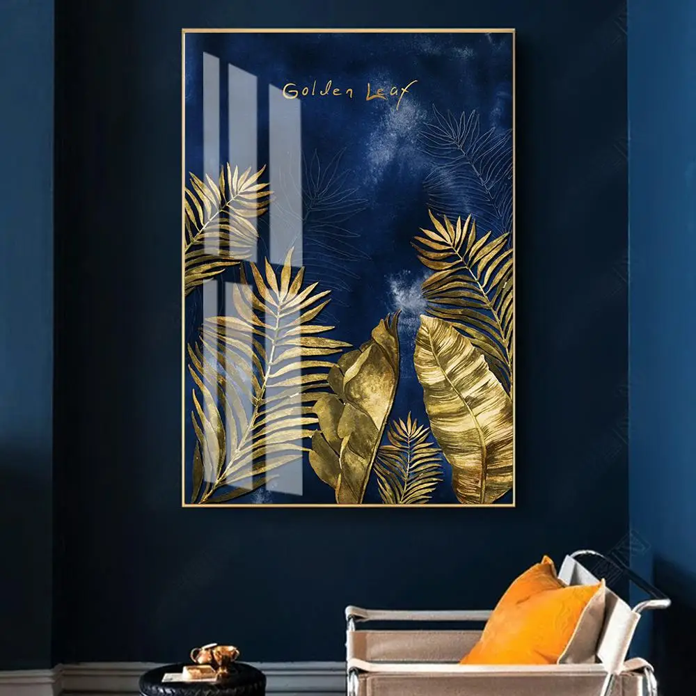 Роскошный настенный холст с золотым листом картина растением синий плакат и