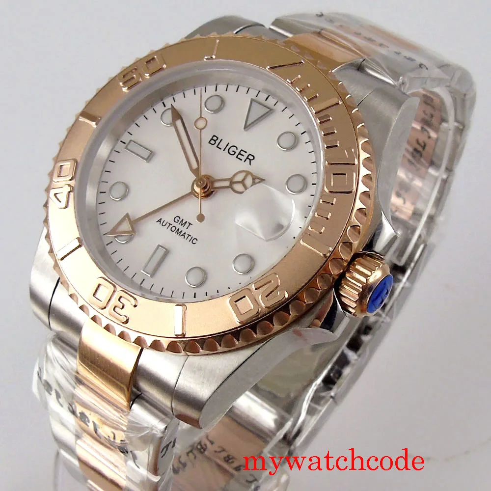 

BLIGER GMT автоматические мужские часы с сапфировым кристаллом, покрытые розовым золотом, Oyster браслет с автоматической датой, твердая задняя часть