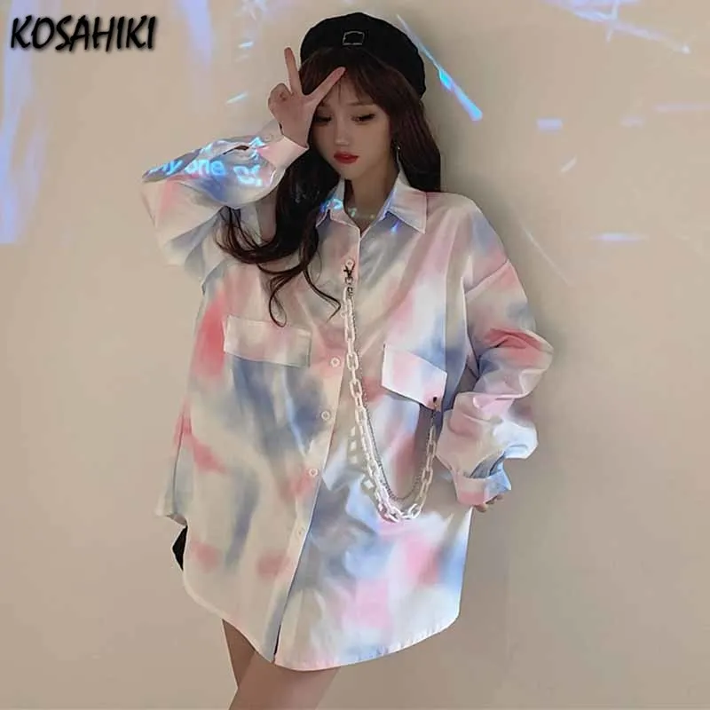 

KOSAHIKI в винтажном стиле «вареный» Blusa Harajuku Стиль рубашка с принтом 2021 летние свободные отложной воротник цепи патч блузка для женщин в улично...