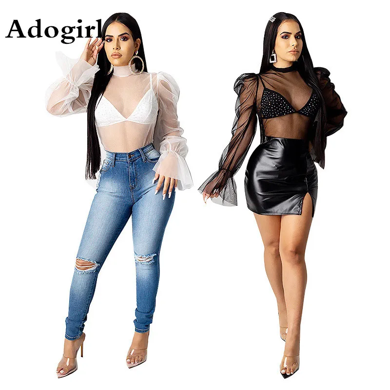 

Прозрачная сетчатая прозрачная блузка с бюстгальтером со стразами, комплект из 2 предметов, топ с воротником-стойкой и расклешенным длинным...