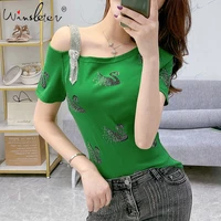 summer korean clothes t shirt fashion sexy off shoulder diamonds swan color cotton women tops ropa mujer tees new t06828