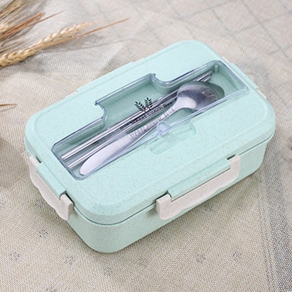 Green Пшеничная солома Bento Box для взрослых Детский пищевой контейнер Ланч-бокс термо-бокс герметичный Lancheira отсек для духовки переносной - Цвет: Green