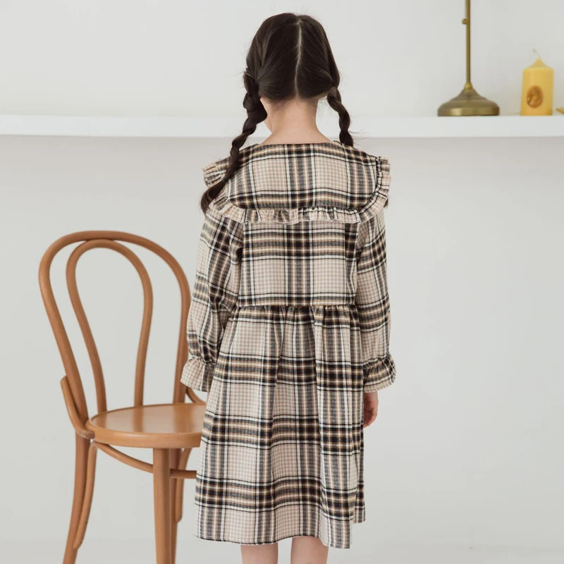 

Classic Plaid Print Dress for Girl Children Peter Pan Collar Dresses Long Sleeve Costume England Style Clothes Kids Casual Wear