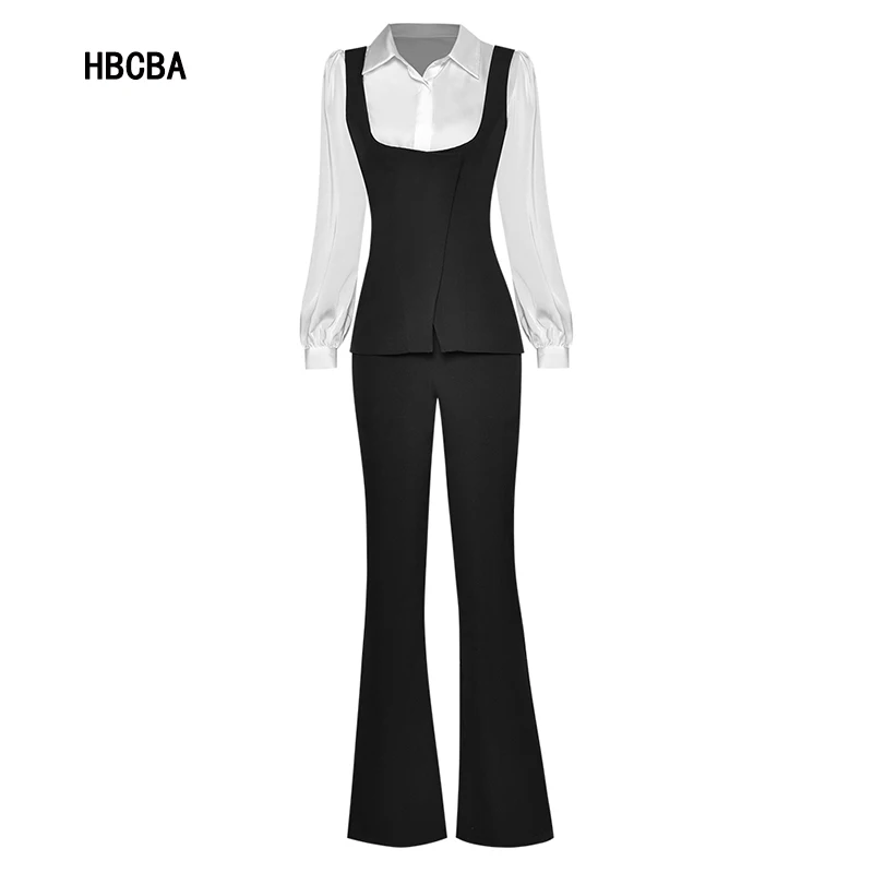 

HBCBA Fashion Designer Autumn Pants Set Women Casual Long sleeve Shirts＋Black Vest＋Flare Pants Three Piece Suit