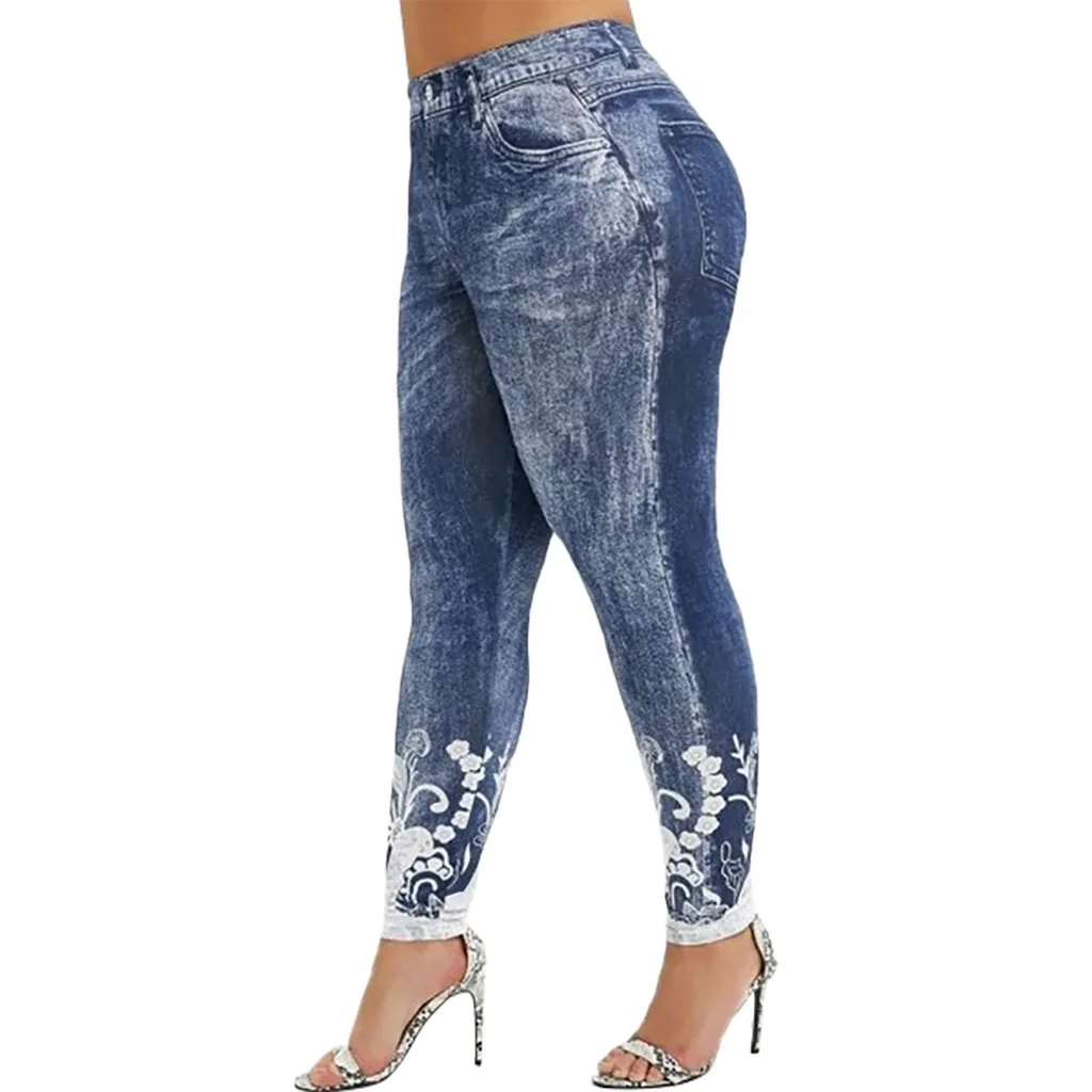 Женские леггинсы с высокой талией имитирующие джинсы принтом Yo ga эластичные - Фото №1