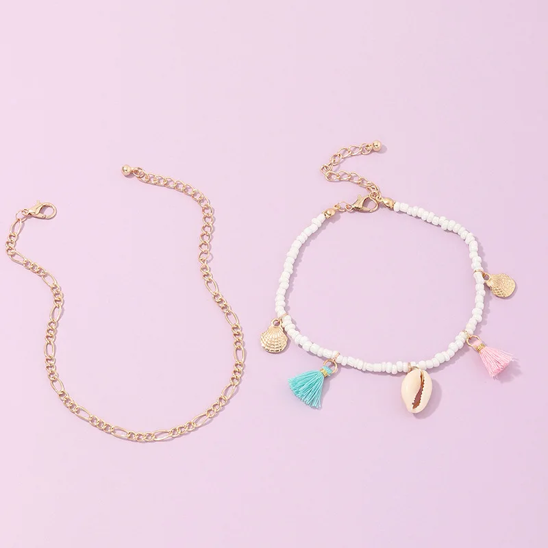 Браслеты на лодыжку женские с натуральной ракушкой анклеты кисточками и белыми