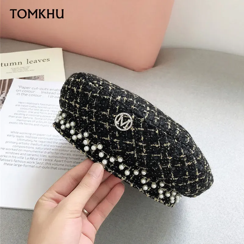 

Берет Harajuku женский, теплый, с надписью и жемчугом, в черно-белую клетку