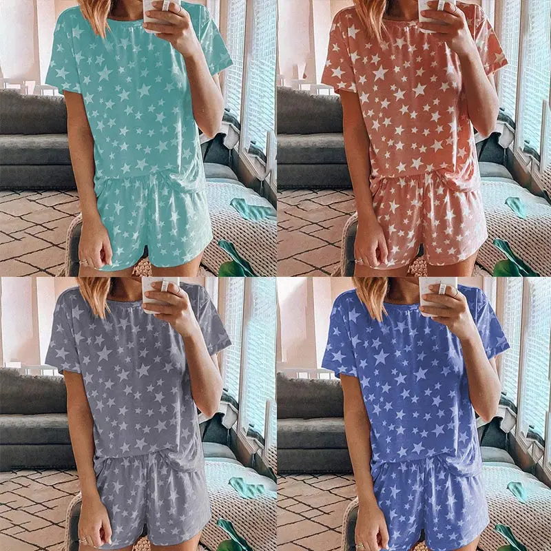 

Star Print Women Sleepwear Set Summer O-Neck Short Sleeve Shorts Pajamas Sets Female 2021 NEW Loose Casual Ladies Home Clothes