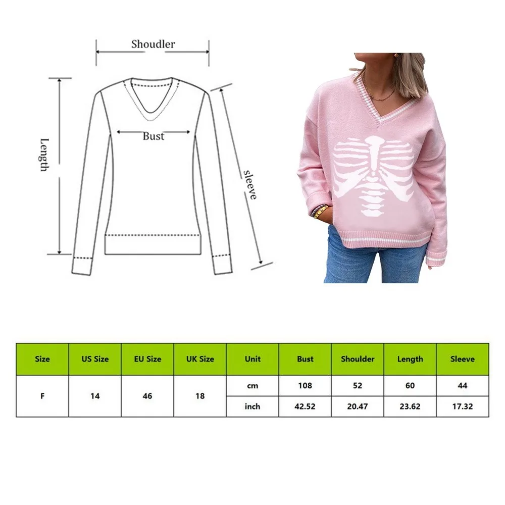 

Women's Skull Print Sweater Fashionable Sweet College Sweatshirt V-neck Loose Casual Knitted Sweater Pullovers Female Clothing