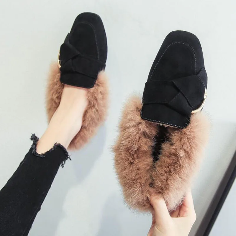 Обувь черного цвета из флока на плоской подошве с мехом Сезон осень зима Женские