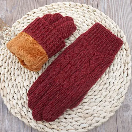 B08 wine red Высококачественные осенние зимние женские вязаные перчатки, перчатки с сенсорным экраном, бархатные толстые теплые шерстяные кашемировые однотонные перчатки, Женские варежки - Цвет: B08 wine red