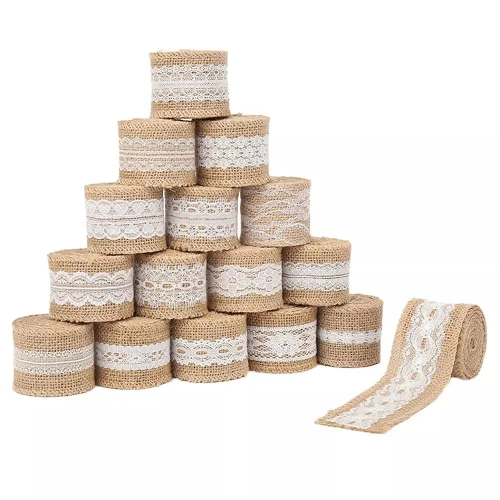 

2Meter 5cm Natural Jute Burlap Lace Ribbon With White Lace Trim Edge Rustic Wedding Decoration For Wedding DIY Bow Craft Ribbons