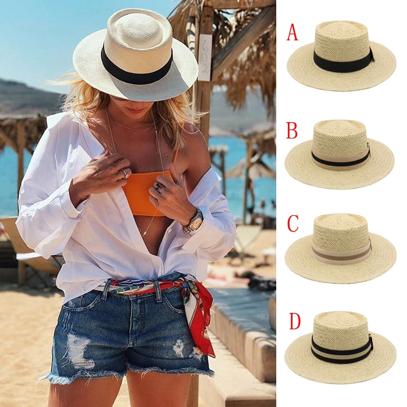 

Men Women Straw PorkPie Top Wide Brim Boater Hats Summer Sombrero Sunhats Beach Caps Outdoor Travel Size US 7 1/4 UK L