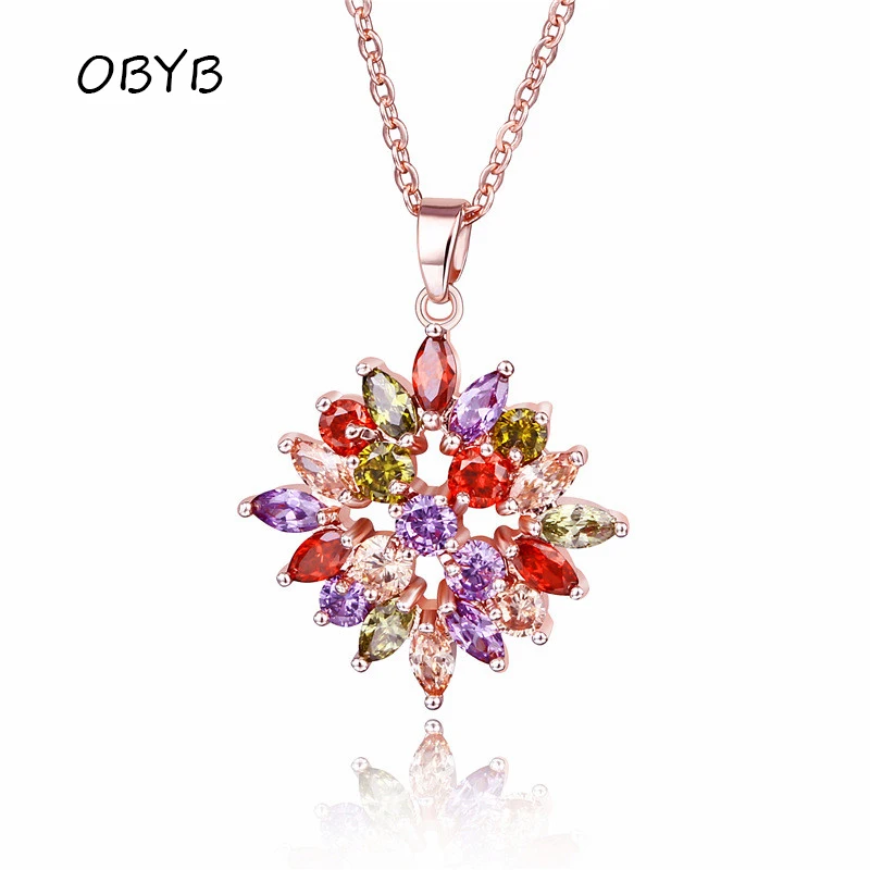 

OBYB Luxury Shiny Crystal zircon Charms Necklace Colored Flowers Pendant For Women's Fashion Necklaces Statement Gifts Jewelry