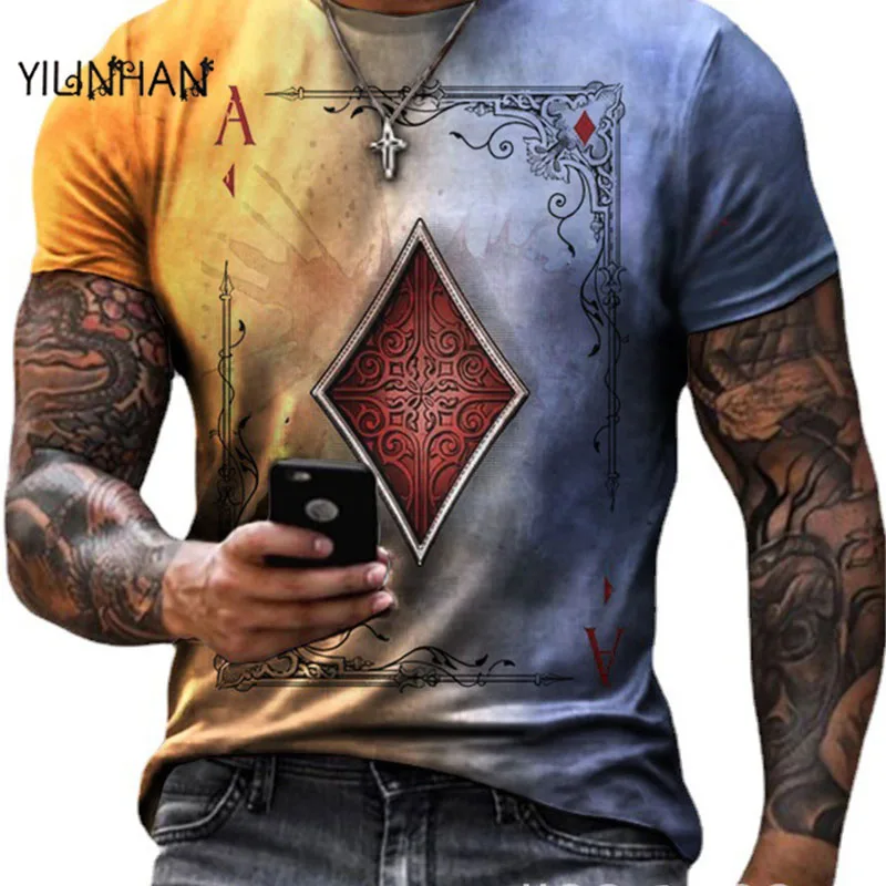 

YILINHAN New Men's Square Diamond Printed T-shirt Summer Casual Short Sleeve Sweater Loose T-shirt Playing Cards Square Print