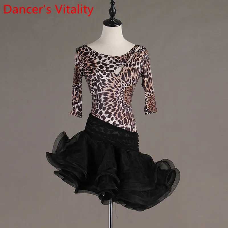 2021 New Adult Latin Dance Half Sleeves Leopard Clothes Women Performance Costume Tango Samba Cha Dancing Wear Oufits | Тематическая