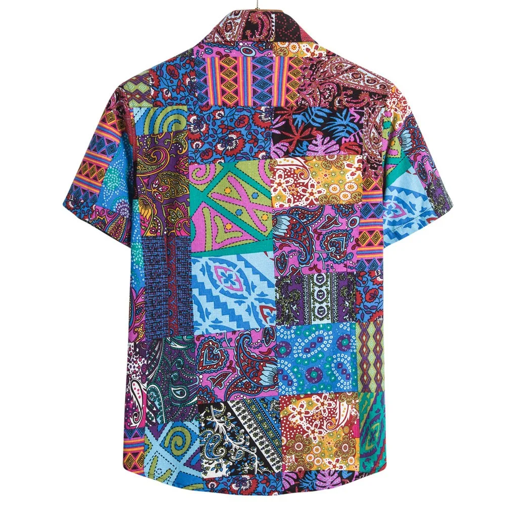 Mens Summer Fashion Stand Collar Strip Print Short Sleeve Shirt Top Cotton Linen Printing Hawaiian Camisas Hombre 3.30 | Спорт и