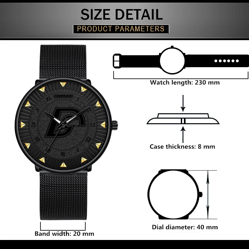 

2021 Men Watches Classic Black Stainless Steel Mesh Belt Quartz Wristwatches Luxury Business Watch for Men Clock