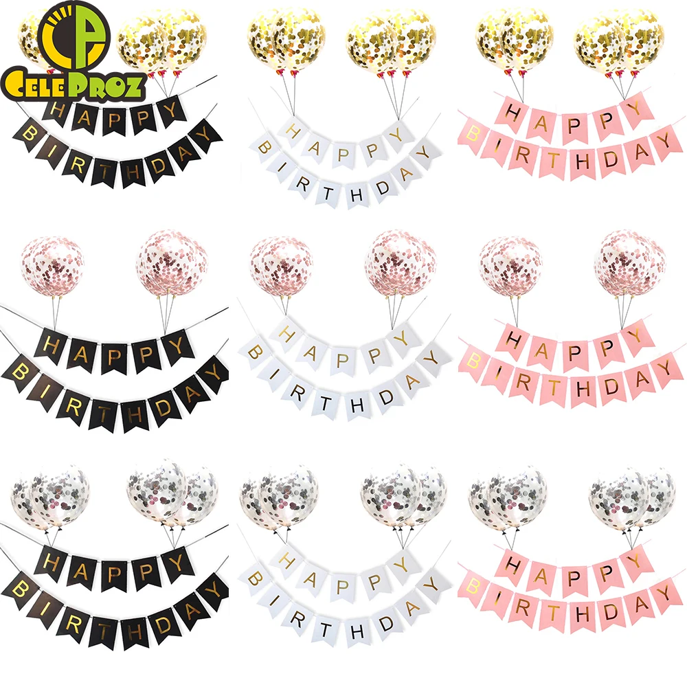 1 Набор С Днем Рождения бумажный флаг баннер розовые золотые серебряные конфетти