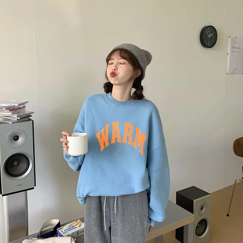 

XZ783 2021 New letter printing plus velvet thick avocado green loose mid-length long-sleeved Sweatshirts women