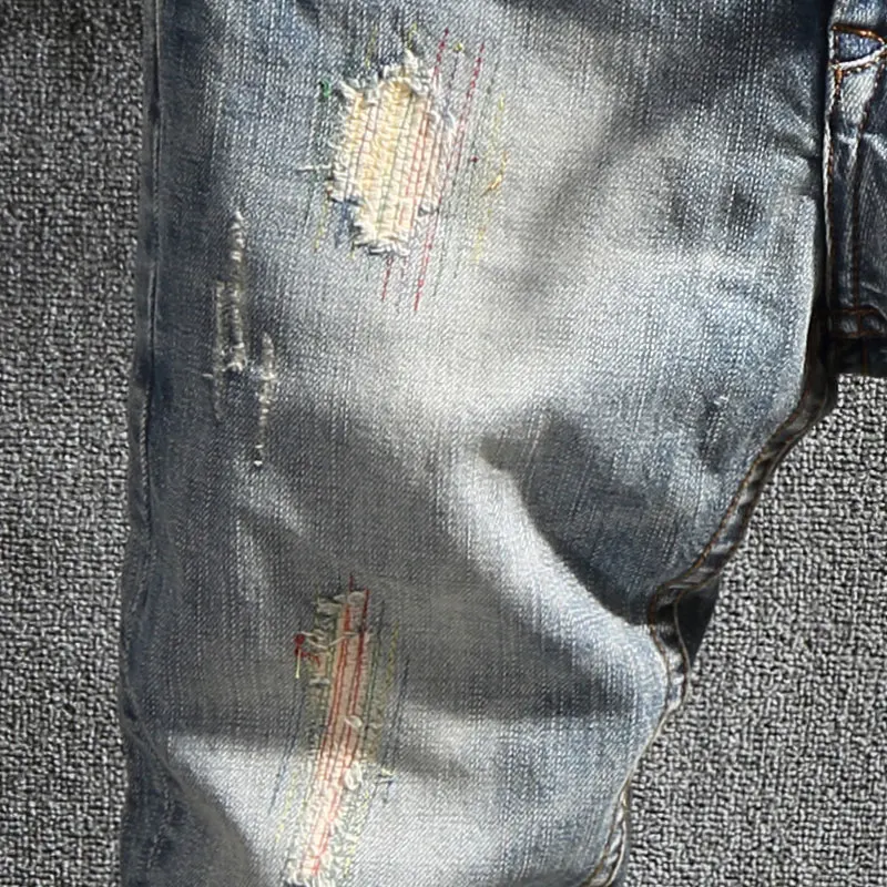 European Street Fashion Men Jeans Retro Light Blue Slim Ripped Jeans Men Korean Embroidery Designer Vintage Casual Denim Pants